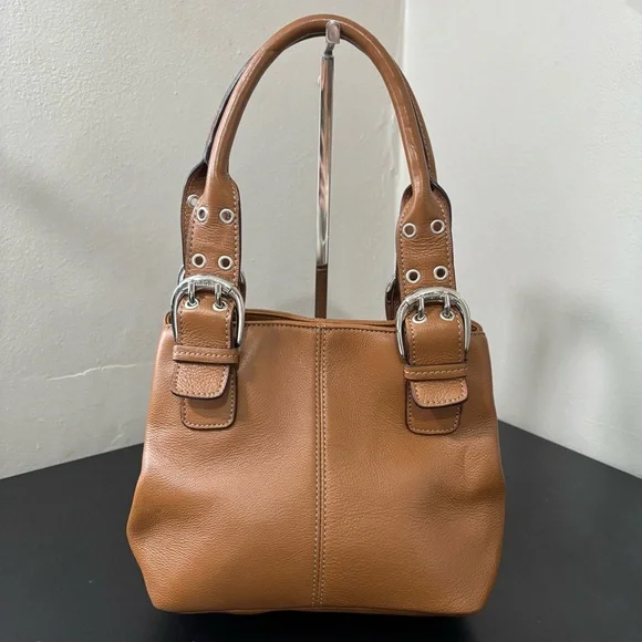 Tignanello Brown Leather Top Handle Satchel Purse Silver Hardware - Picture 1 of 11